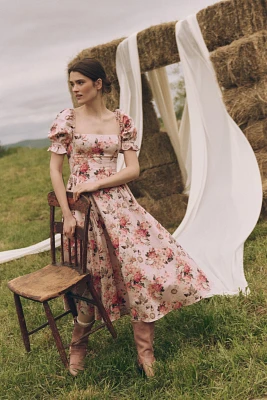 Mare Square-Neck Puff-Sleeve A-Line Midi Dress