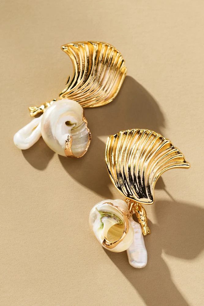 Fanned Shell Pearl Drop Earrings