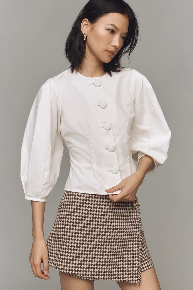 Porridge Puff-Sleeve Buttondown Blouse