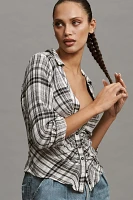 Pilcro Ruched Deep-V Plaid Buttondown