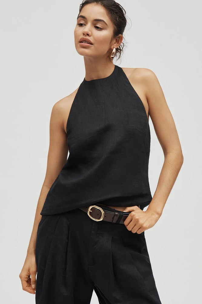Maeve High-Neck Linen Asymmetric Long Tank