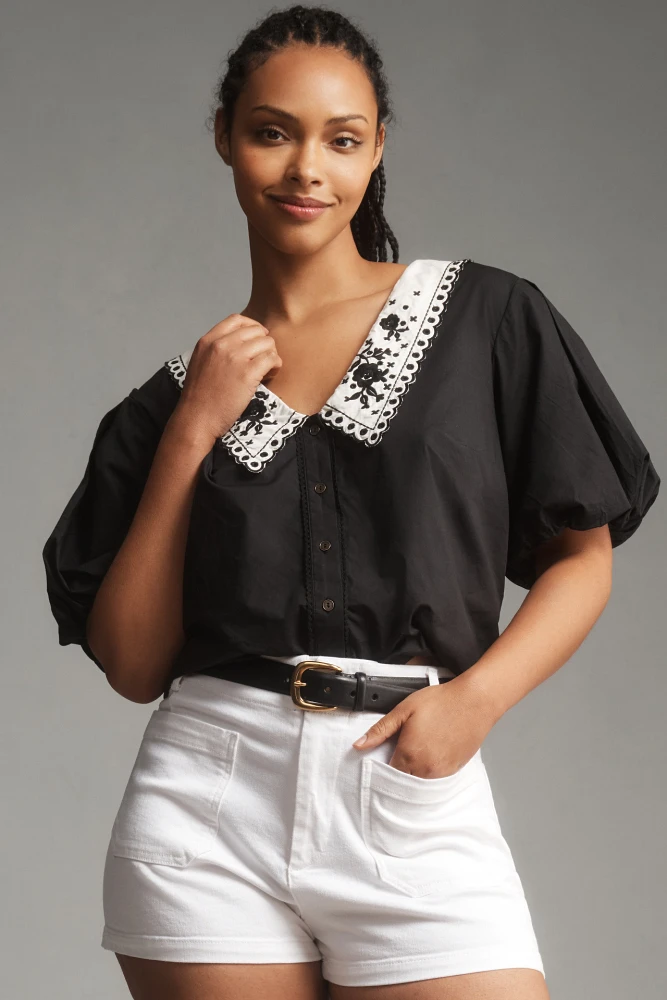 By Anthropologie Puff-Sleeve Collared Top