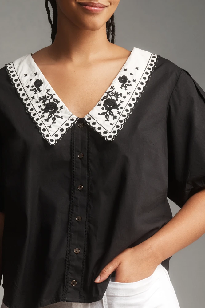 By Anthropologie Puff-Sleeve Collared Top