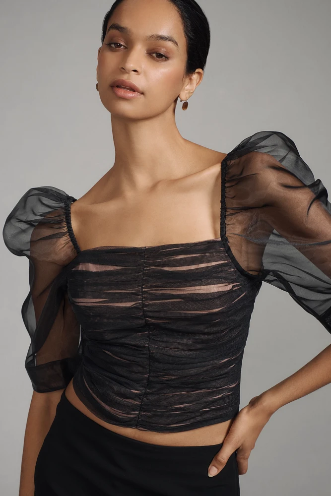 Maeve Puff-Sleeve Embellished Tulle Top