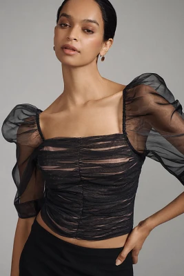 Maeve Puff-Sleeve Embellished Tulle Top