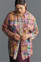 Pilcro Long-Sleeve Mixed Madras Plaid Oversized Buttondown Shirt