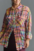 Pilcro Long-Sleeve Mixed Madras Plaid Oversized Buttondown Shirt