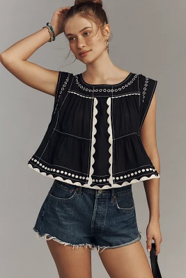 By Anthropologie Embellished Graphic Babydoll Top
