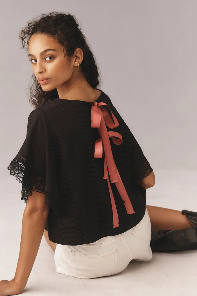 Maeve Short-Sleeve Sheer Lace Bow-Back Top