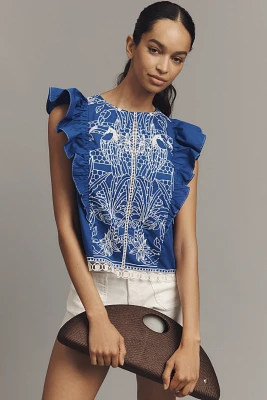By Anthropologie Printed Flutter-Sleeve Top