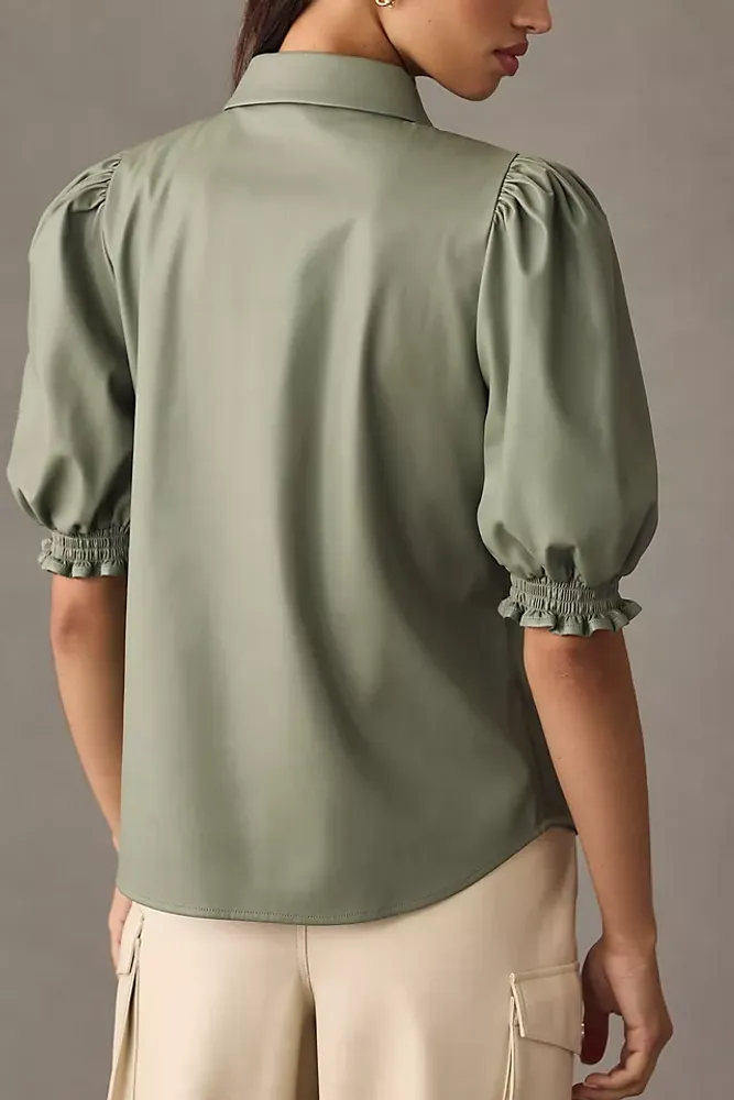 DOLAN Puff-Sleeve Faux Leather Blouse