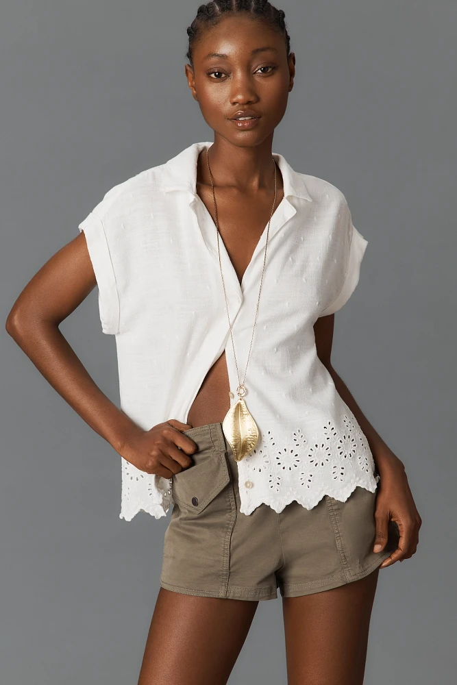 Cloth & Stone Linen Blend Short-Sleeve Eyelet Buttondown Shirt