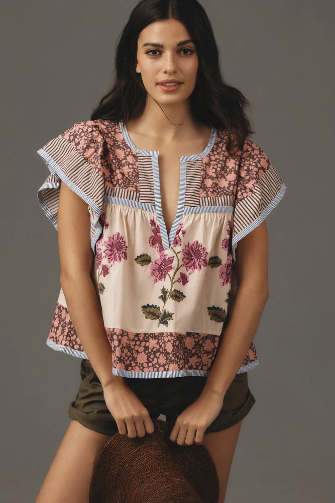 Maeve Flutter-Sleeve Printed Blouse