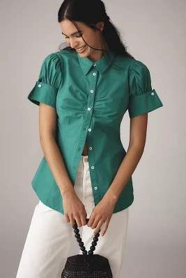 Maeve French-Cuffed Short-Sleeve Buttondown Blouse