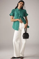 Maeve French-Cuffed Short-Sleeve Buttondown Blouse