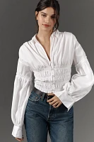 By Anthropologie Balloon-Sleeve Collared Shirred Blouse