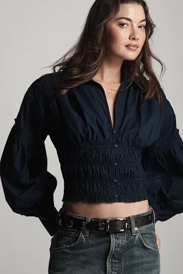 By Anthropologie Balloon-Sleeve Collared Shirred Blouse