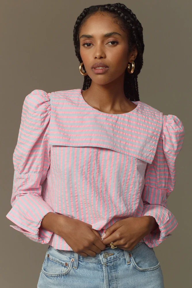 Maeve Puff-Sleeve Seersucker Blouse