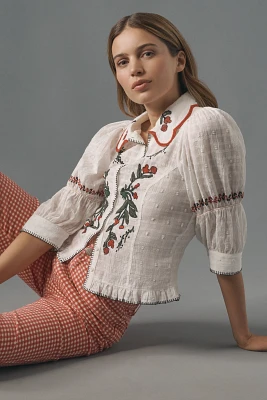 Pilcro Puff-Sleeve Embroidered Collared Blouse