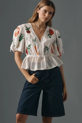 Maeve V-Neck Embroidered Veggie Blouse
