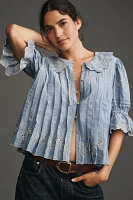 Maeve Short-Sleeve Collared Pleated Blouse