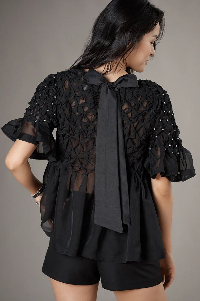 Maeve Short-Sleeve Rhinestone Sheer Babydoll Blouse