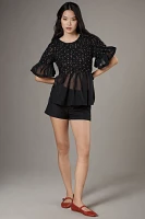 Maeve Short-Sleeve Rhinestone Sheer Babydoll Blouse