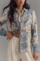 Ranna Gill Linen Blend Tropical Print Buttondown Blouse