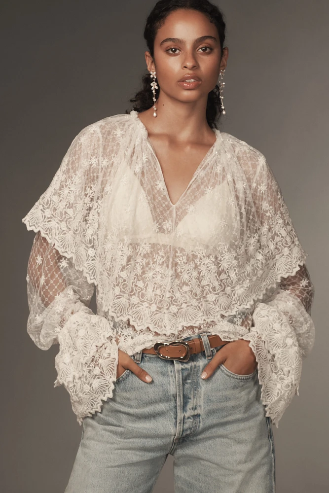 Forever That Girl Long-Sleeve Lace-Bib Blouse