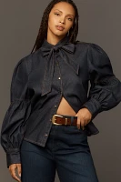 Forever That Girl Long-Sleeve Tie-Neck Denim Buttondown Shirt