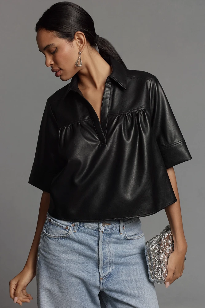 Pilcro Short-Sleeve Faux-Leather Swing Top