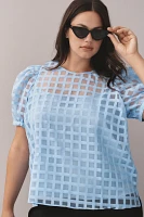 English Factory Plus Puff-Sleeve Sheer Checked Blouse