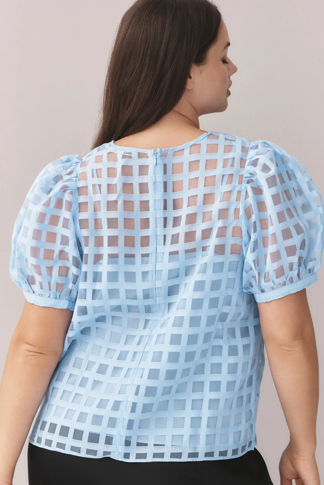 English Factory Plus Puff-Sleeve Sheer Checked Blouse