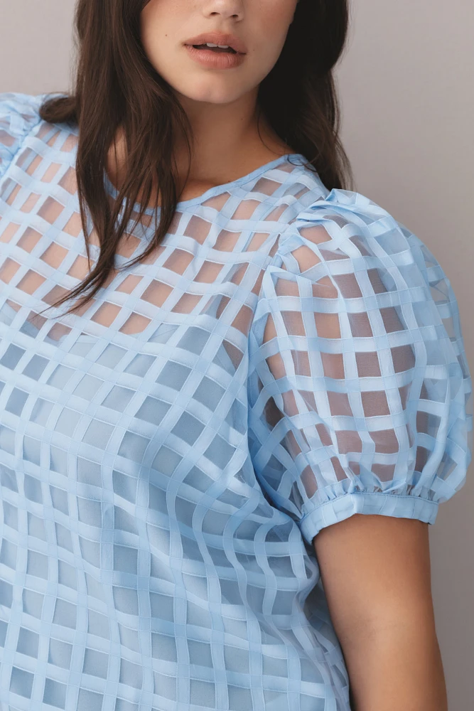 English Factory Plus Puff-Sleeve Sheer Checked Blouse