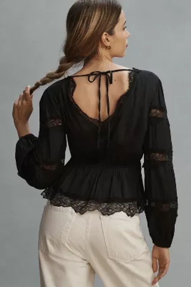 By Anthropologie Long-Sleeve V-Neck Lace Blouse