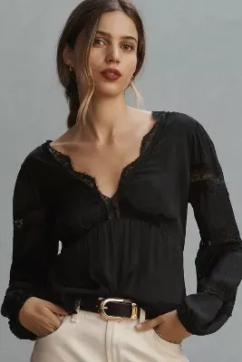By Anthropologie Long-Sleeve V-Neck Lace Blouse