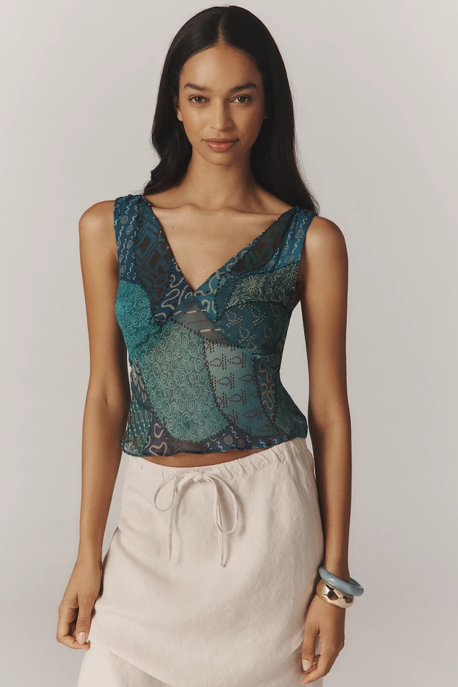 RIXO Nandi Hand-Beaded V-Neck Tank Top