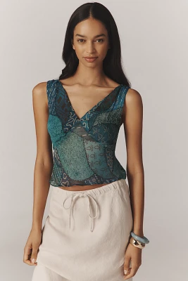 RIXO Nandi Hand-Beaded V-Neck Tank Top