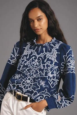 The Lainie Long-Sleeve Lace Cutwork Blouse