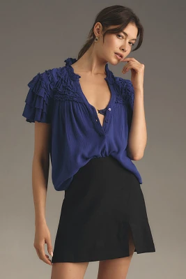 Maeve Short-Sleeve Ruffle Yoke Blouse