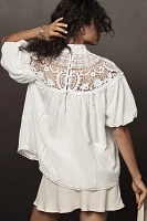 By Anthropologie Mock-Neck Puff-Sleeve Lace Blouse