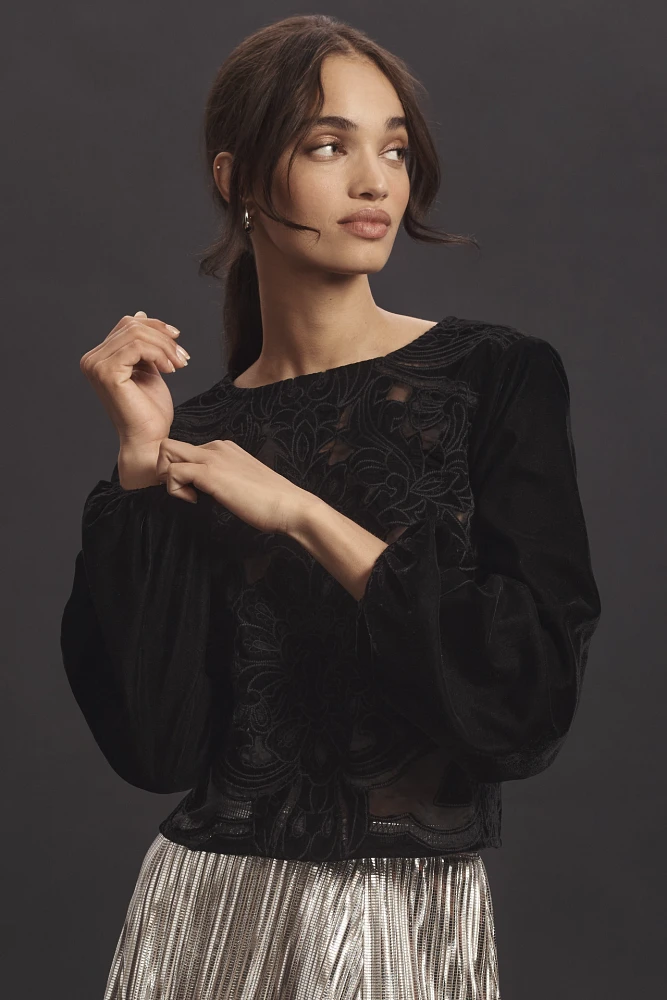 The Lainie Long-Sleeve Lace Cutwork Blouse: Velvet Edition