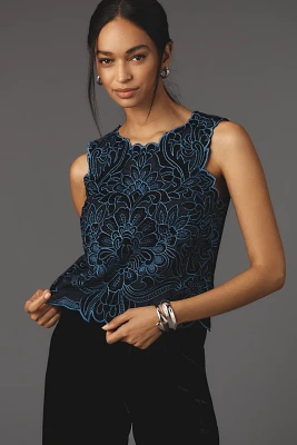 The Lainie High-Neck Lace Cutwork Blouse: Sleeveless Velvet Edition