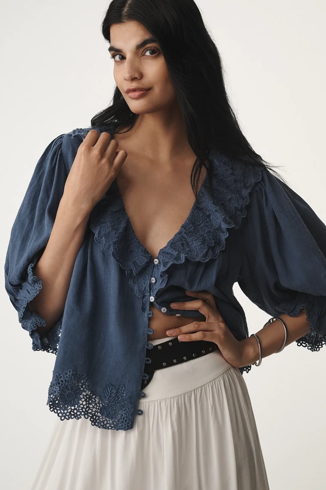 By Anthropologie Linen Blend Lace-Collar Blouse