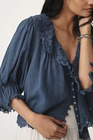 By Anthropologie Linen Blend Lace-Collar Blouse