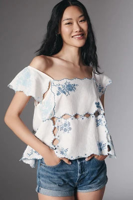 By Anthropologie Linen Blend Flutter-Sleeve Embroidered Cutout Top