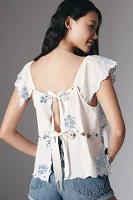 By Anthropologie Linen Blend Flutter-Sleeve Embroidered Cutout Top