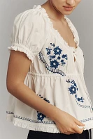 By Anthropologie Puff-Sleeve Embroidered Babydoll Top