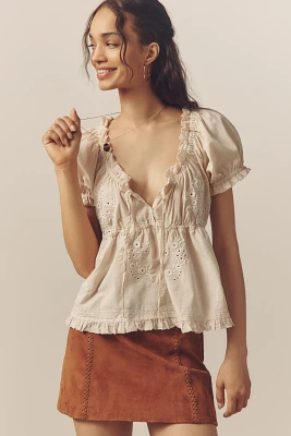 By Anthropologie Puff-Sleeve Embroidered Babydoll Top