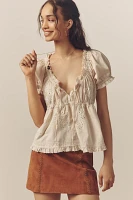 By Anthropologie Puff-Sleeve Embroidered Babydoll Top